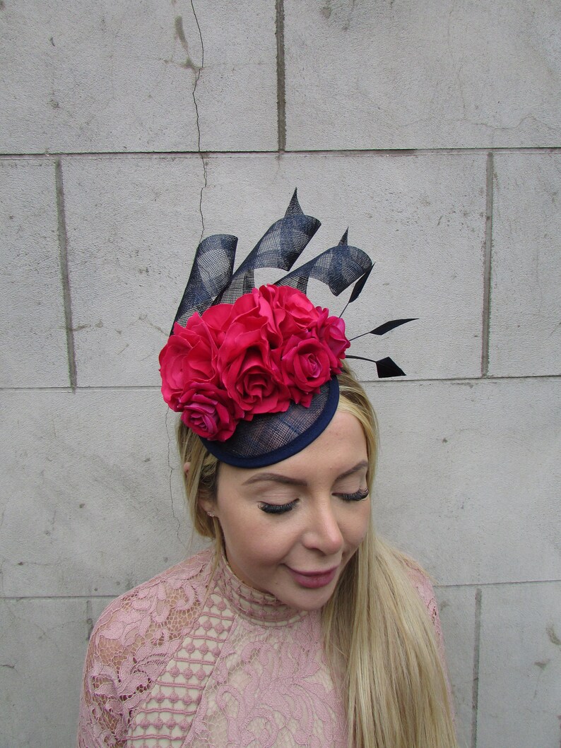 Navy Blue Hot Pink Fuchsia Flower Feather Hat Fascinator Races Wedding ...