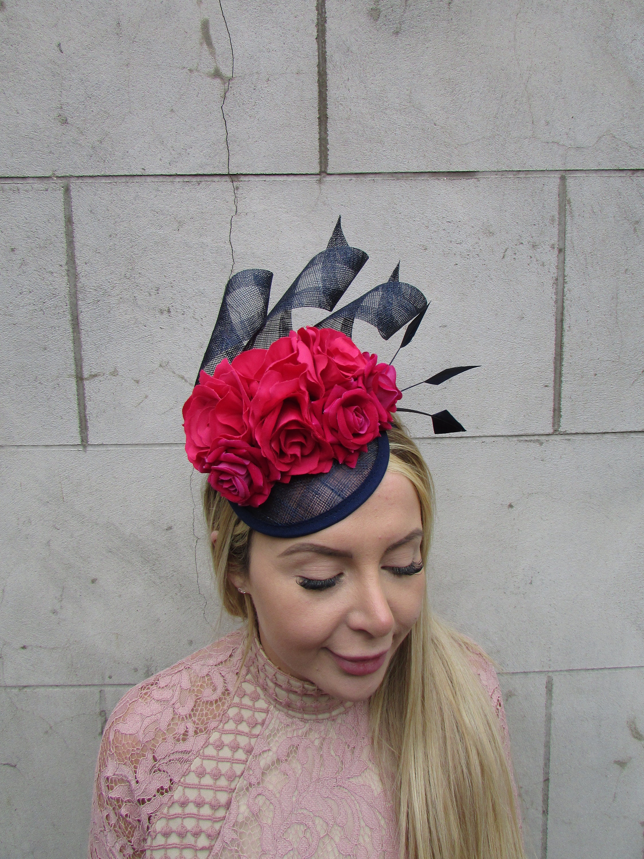 Navy Blue Hot Pink Fuchsia Flower Feather Hat Fascinator Races Wedding ...