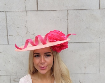 Large Peach & Fuchsia Hot Pink Flower Hat Fascinator Disc Saucer Boater Wedding Guest Hatinator Races Ascot - One Off Piece u10906