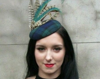 Tartan Navy Blue Bottle Green Peacock Pheasant Feather Hat Fascinator Races 7965