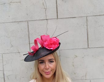 Large Black & Fuchsia Pink Hat Feather Flower Fascinator Disc Floral Races Wedding Guest Hatinator Sinamay