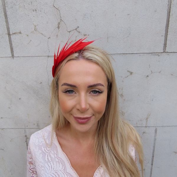Bright Red Feather Fascinator Races Wedding Guest Headpiece Hairband Alice Band Headband Ladies Day Outfit Thin Headband u12906