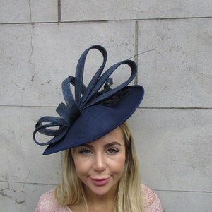 Large Navy Blue Feather Fascinator Hat Big Teardrop Wedding Ladies Day Mother of Bride Hatinator Formal Occasion Dark Navy Races u10910 c1b