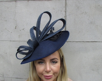 Large Navy Blue Feather Fascinator Hat Big Teardrop Wedding Ladies Day Mother of Bride Hatinator Formal Occasion Dark Navy Races u10910 c1b