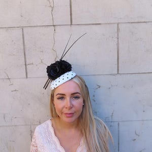 Vintage 1960s Floral Fascinator Pillbox Hat Black Feathers Beads Polka Dot Bow Add a playful touch with the  main image 2
