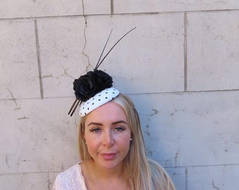 Black & White Polka Dot Rose Flower Fascinator Pillbox Hat Wedding Guest Races u12904
