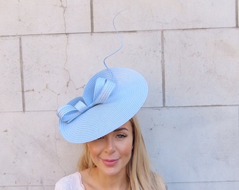 One off Piece Large Light Blue Feather Straw Style Hat Fascinator Wedding Guest Races Disc Headband Hatinator Big Pale Baby Blue u10505