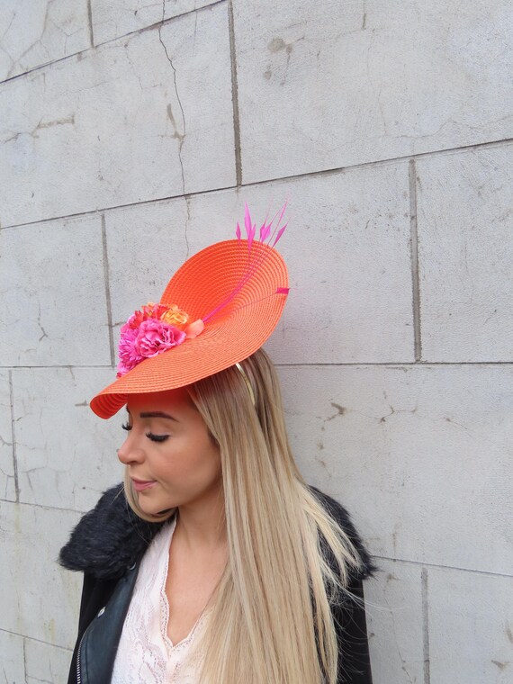 One off Piece Large Orange & Pink Flower Straw Style Hat  display picture 1