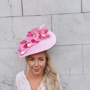 Large Light Pink Orchid Flower Feather Hat Fascinator Wedding Guest Races Straw Hatinator Blush One off Piece u10710