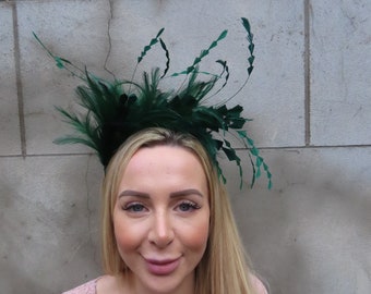 Bottle Green Feather Fascinator Races Wedding Guest Headpiece Hairband Alice Band Headband Dark Emerald Thin Headband Statement Large ps-16