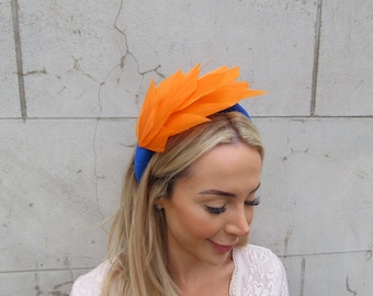 Royal Blue & Orange Feather Padded Headband Fascinator Races Wedding Halo Crown Spiky Feather Ladies Day Hair Band Headpiece Cobalt u12906