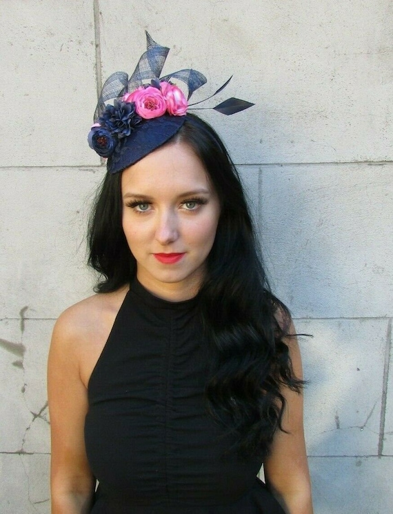 Navy Blue Pink Flower Feather Pillbox Hat Fascinator Races  display picture 3