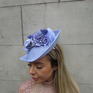 Large Light Cornflower Blue Lilac Periwinkle Bluebell Rose Floral Flower Fascinator Hat Big Teardrop Wedding Races sh-208 image 3