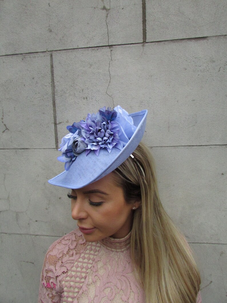 Large Light Cornflower Blue Lilac Periwinkle Bluebell Rose Floral Flower Fascinator Hat Big Teardrop Wedding Races sh-208 image 3