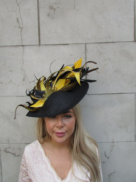 Original custom made headpiece/ fascinator in black and gold Kentucky Derby Hat, Black and Gold Fascinator, Gold Peony  main image 3