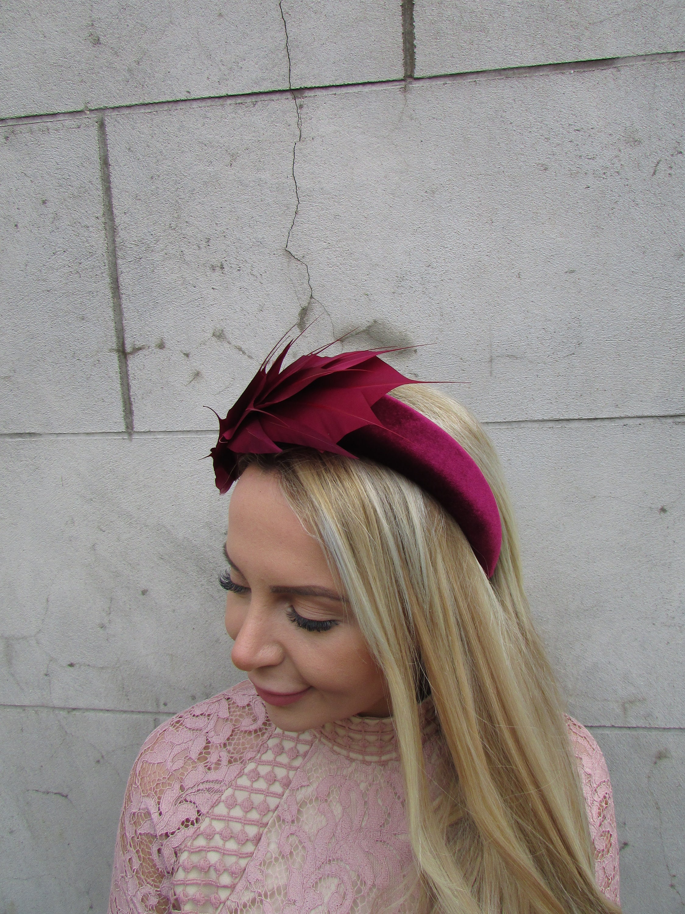 Burgundy Feather Fascinator Wine Dark Red Velvet Padded 