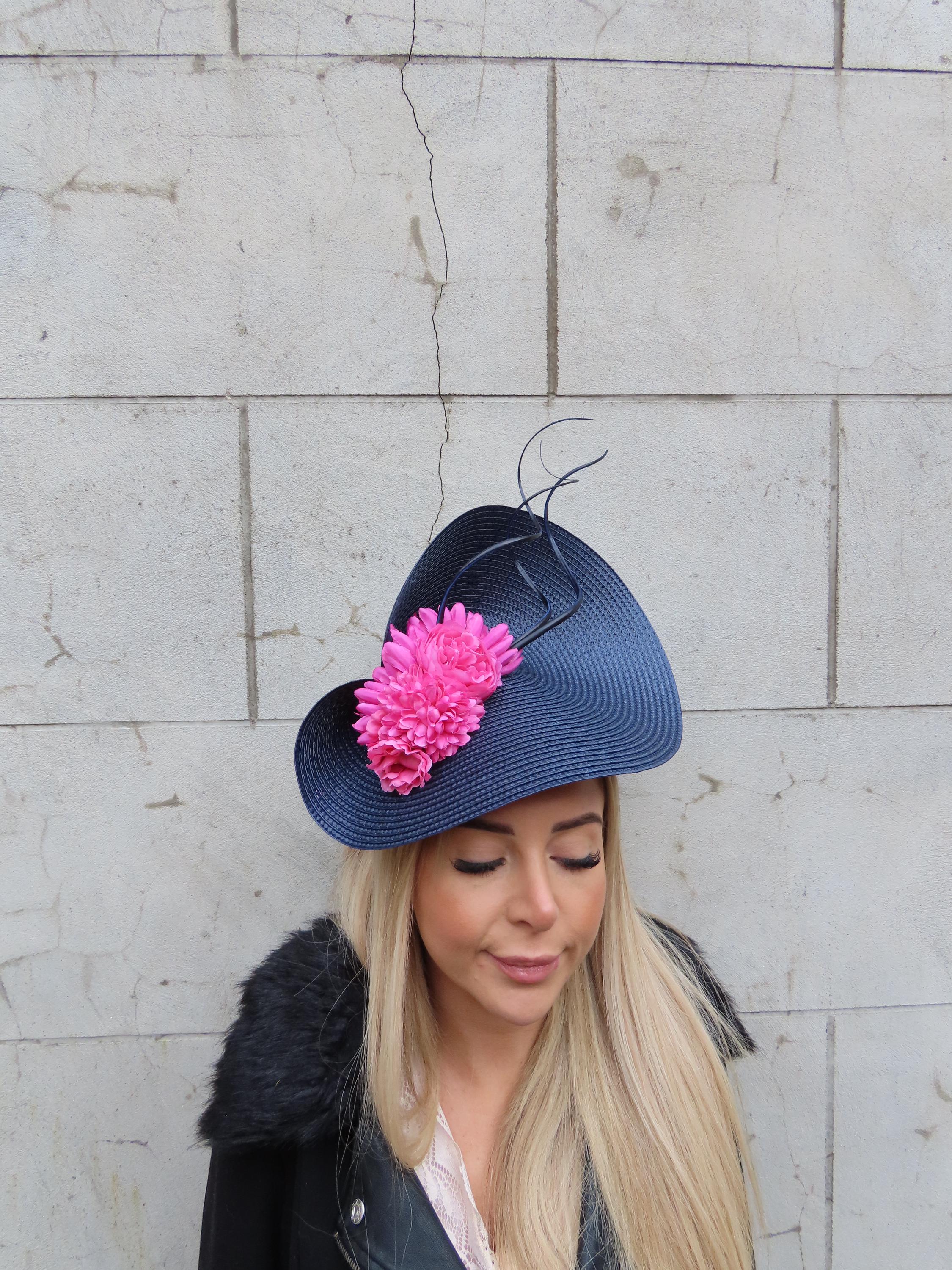 One off Piece Large Navy Blue & Hot Pink Flower Hat Fascinator Wedding ...