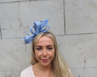 Light Cornflower Blue Periwinkle Fascinator Headband Feather Headpiece Races Wedding Guest Sinamay