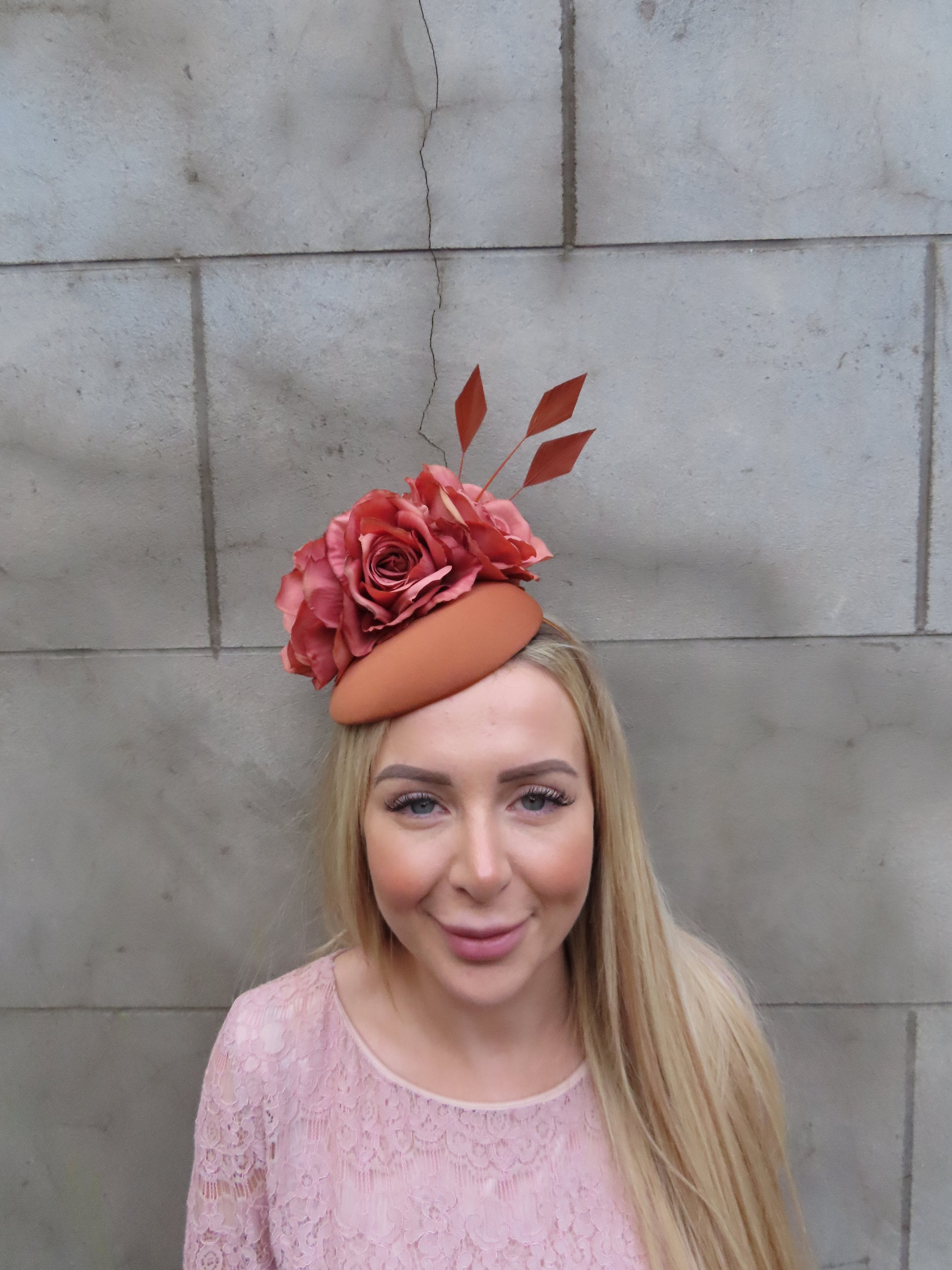 Rust Flower Feather Pillbox Hat Fascinator Wedding Races Headpiece Headband Hairband Rose Floral Copper Tan Brown u11002uu