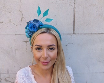 Teal Turquoise Blue Flower Padded Headband Fascinator Wedding Guest Races Halo Hairband Floral Headpiece Ladies Day u10505a
