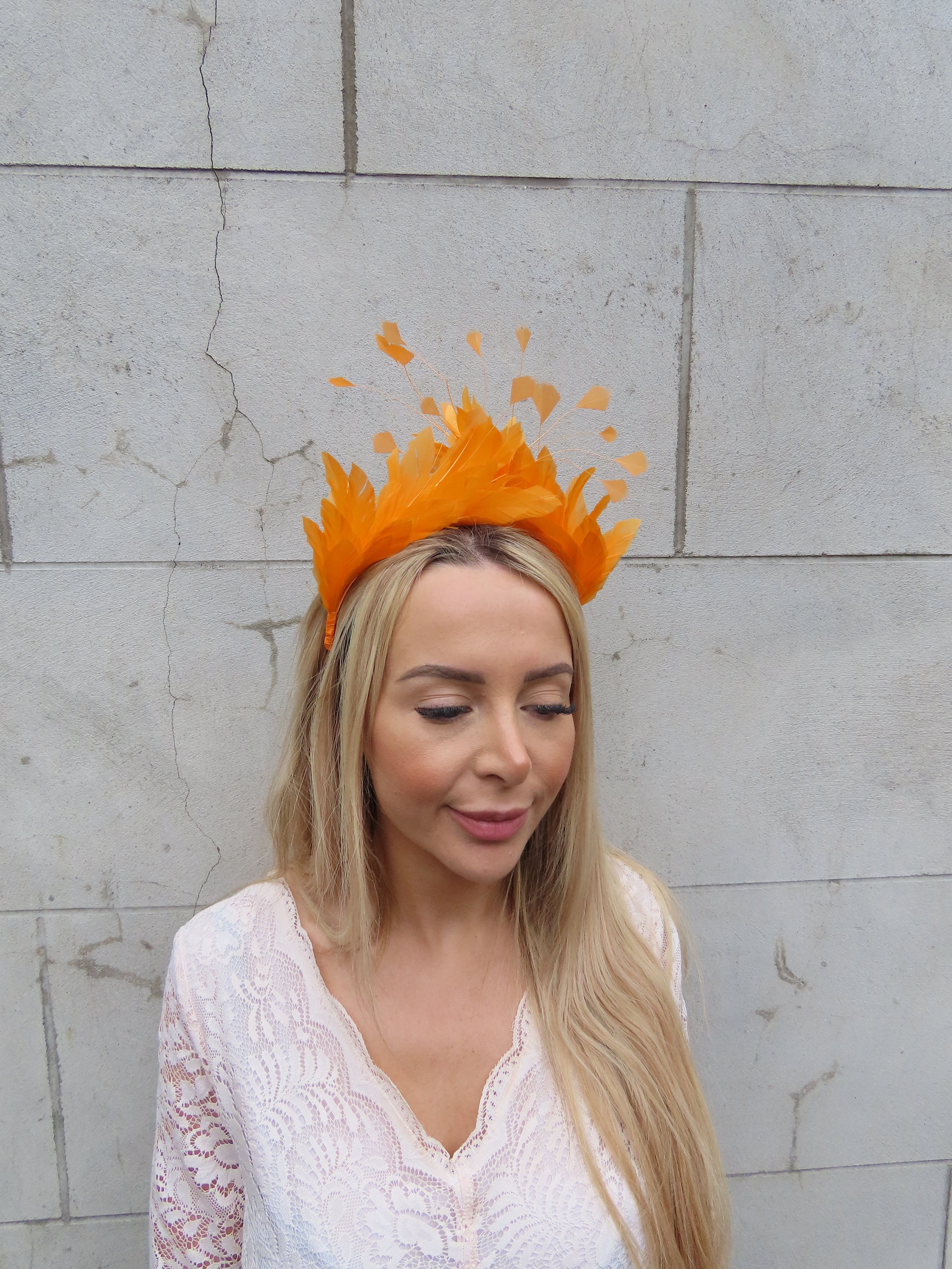 Fascinators Headband with Feather, Orange Tangerine orange ombre feather satin headband fascinator  main image 4
