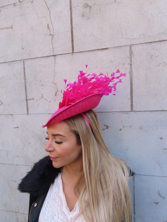 Fascinators Headband with Feather, Deep Pink Kentucky Fascinators Hats for Women Flower Tea Party  main image 2