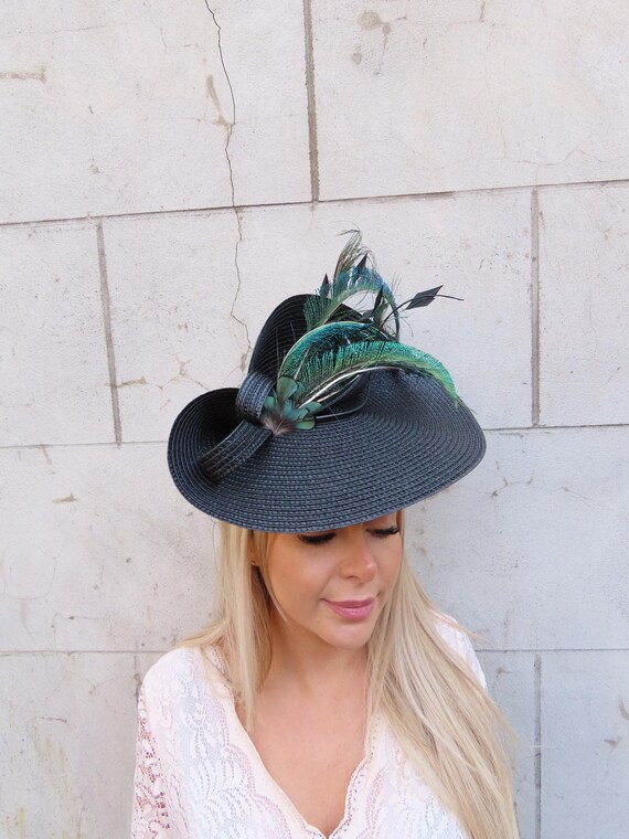 Large Black & Green Peacock Feather Straw Hat Fascinator  display picture 1