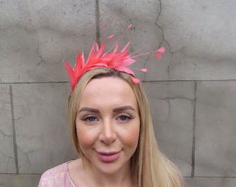 Coral Feather Fascinator Races Wedding Guest Headpiece Hairband Alice Band Headband Ladies Day Outfit Thin Headband ps-14