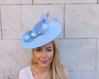 One off Piece Large Light Blue Feather Straw Style Hat Fascinator Wedding Guest Races Disc Headband Hatinator Big Pale Baby Blue u10505