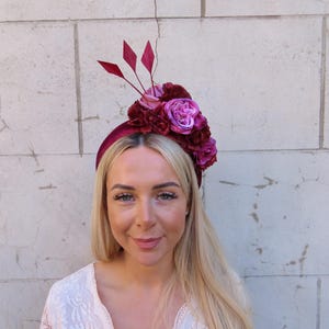 Burgundy Plum Grape Mauve Floral & Feather Velvet Headband Fascinator Headpiece Wedding Races Padded Hairband Halo Rose Flower u11605