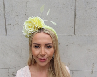 Light Lemon Yellow Rose Flower & Feather Headband Fascinator Headpiece Wedding Guest Races Padded Ascot Hairband Halo u11808