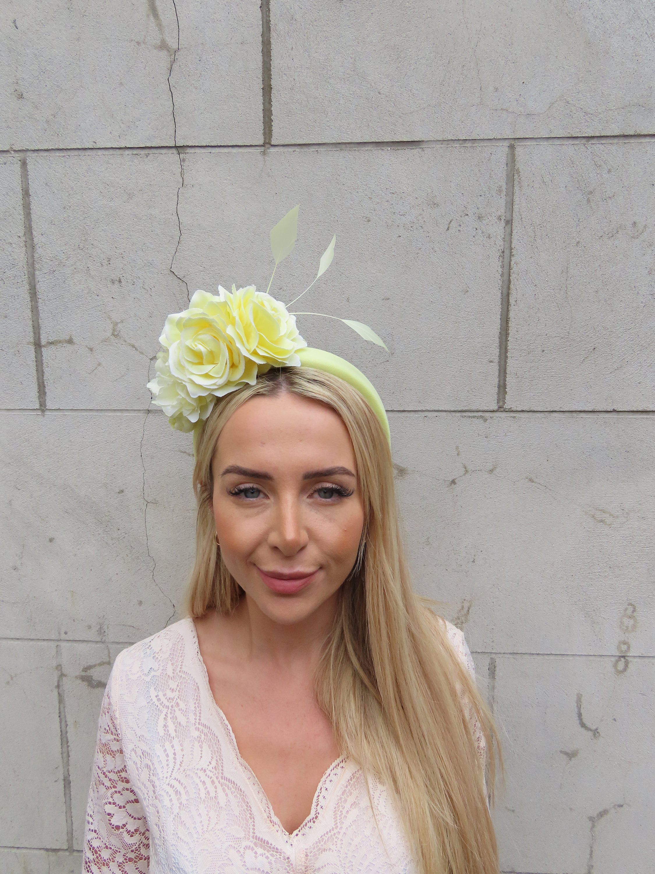 Yellow Floral Headband Fascinator with Pastel Rose & Feather Accents, NWT Pastel Yellow Fascinator - Etsy UK main image 4