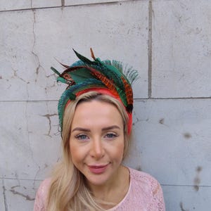 Burnt Orange & Green Pheasant Peacock Feather Velvet Padded Headband Fascinator Races Ascot Wedding Guest Headpiece u12710