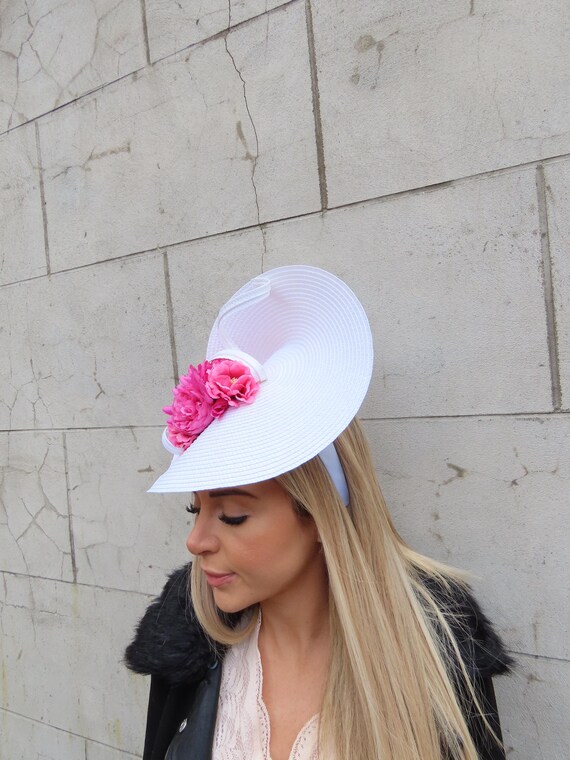 Pink and White Fascinator with Floral Accents White Fascinator Kentucky Derby Hat Pink Flowers Wedding  main image 3