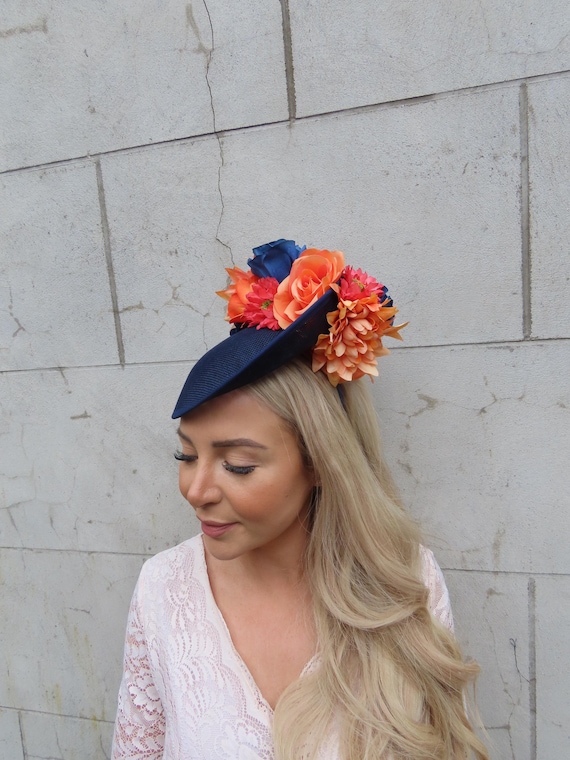 One off Piece - Large Navy Blue & Orange Flower Disc Hat  display picture 3