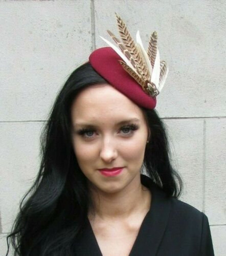 Blush Light Pink Burgundy Wine Red Brown Pheasant Feather Hat Fascinator 7425