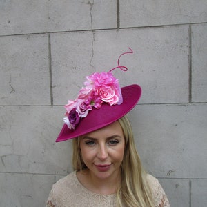 Large Fuchsia Blush Light Pink Rose Flower Fascinator Hat Big Teardrop Tilted Floral Wedding Races Headband Hairband Hot Pink sh-570