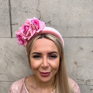 Light Pink Rose Flower Feather Padded Headband Fascinator Headpiece Wedding Hairband Races Hairband Halo Pale blush pink jkl5g4
