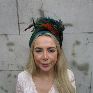 One Off Piece Bottle Green Teal Orange Pheasant Peacock Feather Velvet Padded Headband Fascinator Races Ascot Wedding Guest Headpiece u10311