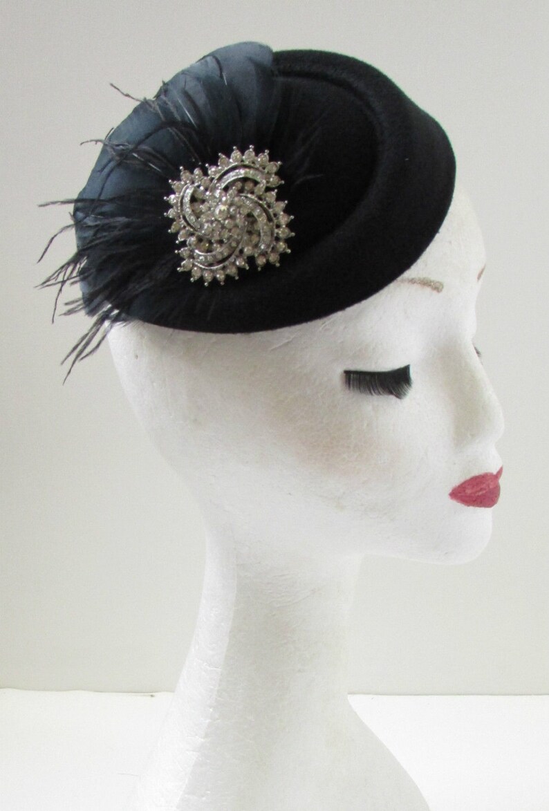 Black & Silver Feather Pillbox Hat Fascinator Vintage 1940s Etsy