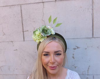 Sage Olive Khaki Green Floral Flower Velvet Padded Headband Fascinator Headpiece Ladies Day Wedding Guest Races Halo u10402