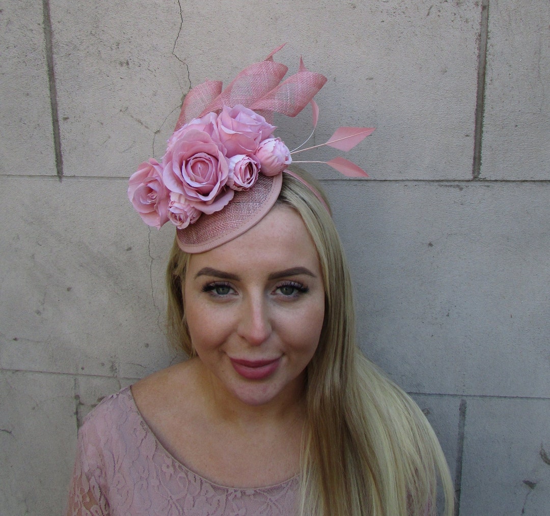 Nude Light Blush Pink Dusky Pink Sinamay Rose Flower Feather Hat ...