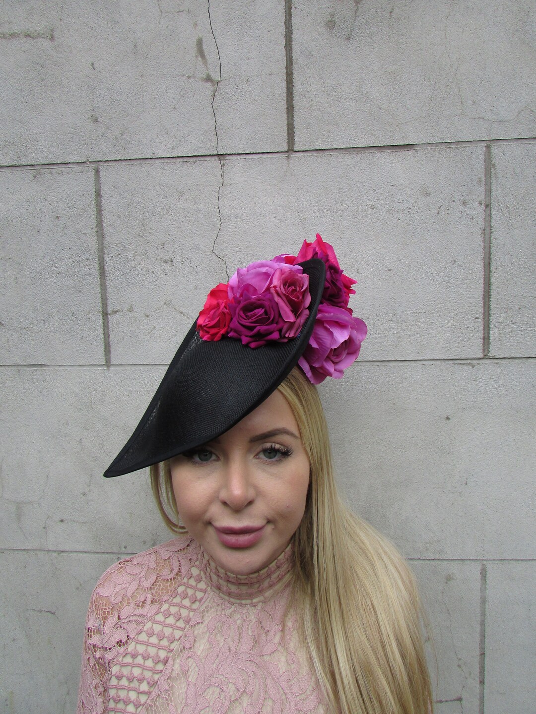 Large Black Fuchsia Magenta Hot Pink Teardrop Fascinator Hat Flower