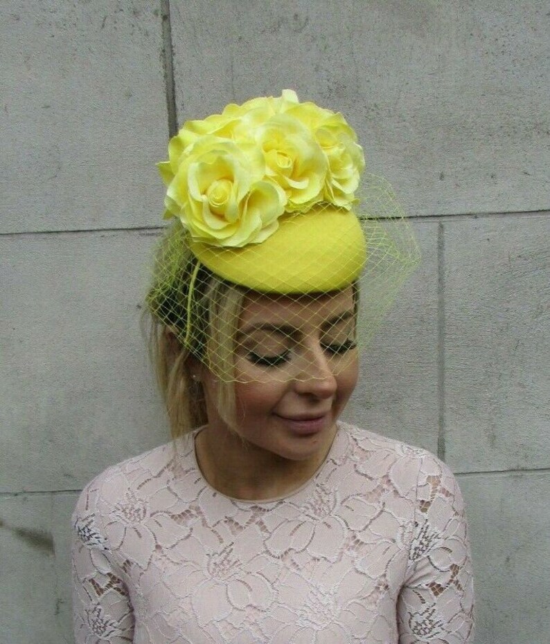 Yellow Rose Birdcage Veil Flower Pillbox Hat Fascinator Races Etsy