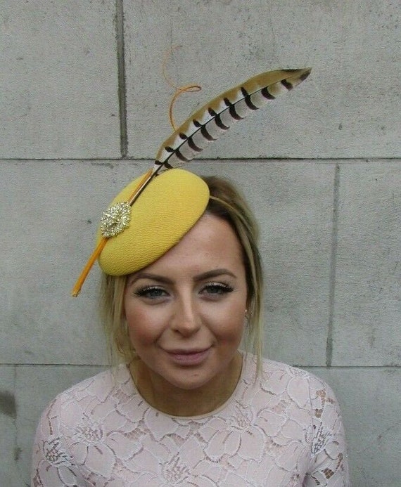 Starcrossedbeauty Mustard Yellow Gold Brown Pheasant Statement Feather Hat Fascinator Races 7938