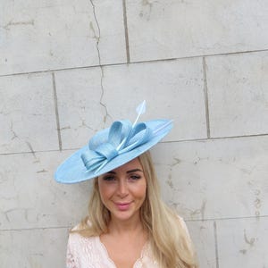 Large Light Blue Feather Hat Fascinator Boater Wedding Guest Races One Off Piece u12608