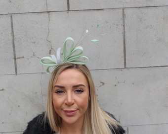 Mint Green & Silver Feather Fascinator Headband Headpiece Races Wedding Guest Sinamay Ladies Day Light Green Hairband One off Piece - u11802