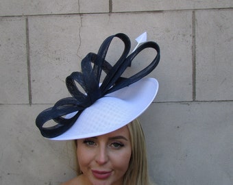 Large White Navy Blue Teardrop Fascinator Hat Big Hatinator Wedding Races u11007