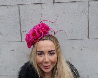 Magenta Hot Pink Rose Flower Feather Fascinator Headband Races Wedding Cerise Pink Headpiece u1b1