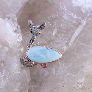 Fox Totem Ring * maat 6.5 * Larimar + zwart Spinel + Rhodolite Garnet Blue Topaz * gratis DHL Express verzending * 71113gr1